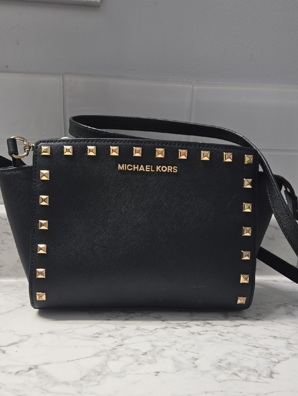 Michael Kors Black Leather Crossbody with Gold Stud Trim